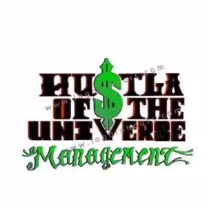 Hustla of the Universe Management logo with black and green lettering
