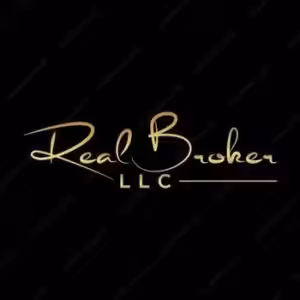 Real Broker LLC gold script logo on black for a real estate company