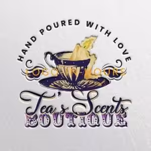 Tea's Scents Boutique logo with an illustrated figure in a teacup