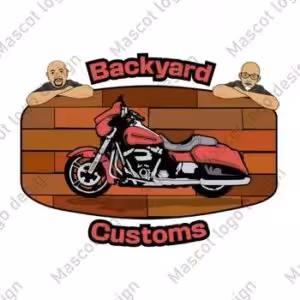 Backyard Customs motorcycle shop logo with a red motorcycle over brick