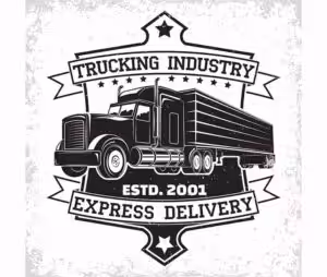 Trucking Industry Express Delivery badge logo with a semi truck