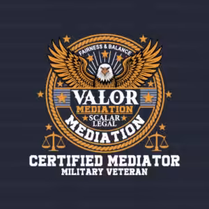 Valor Mediation certified mediator badge logo with an eagle and scales