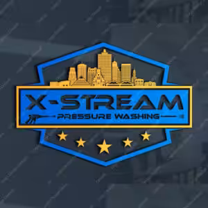 X-Stream Pressure Washing badge logo with a city skyline