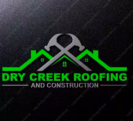 Dry Creek Roofing and Construction logo with green roofline and hammers