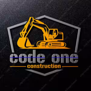 Code One Construction logo with a yellow excavator