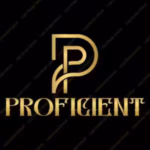 Proficient gold P monogram logo on black